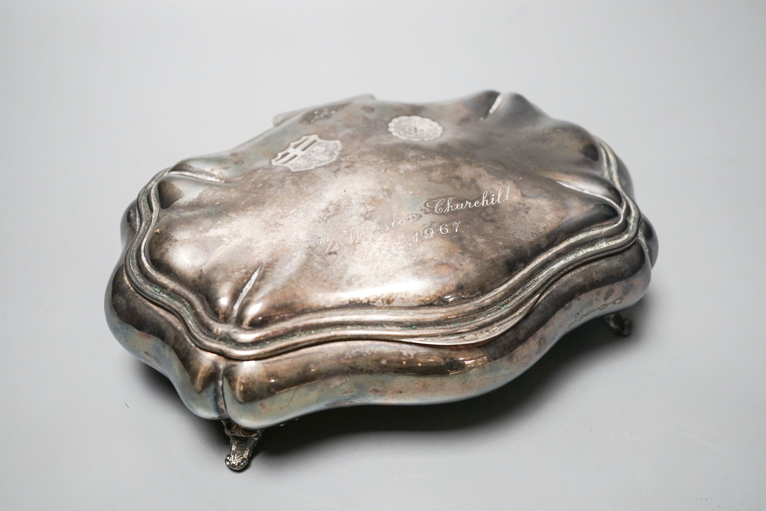 A 20th century Italian 800 standard white metal trinket box, once belonging to Clementine Churchill, 22cm.